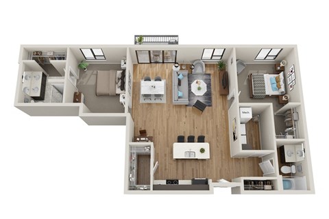 Floor plan for 2 beds, 2 baths, 1355 sqft